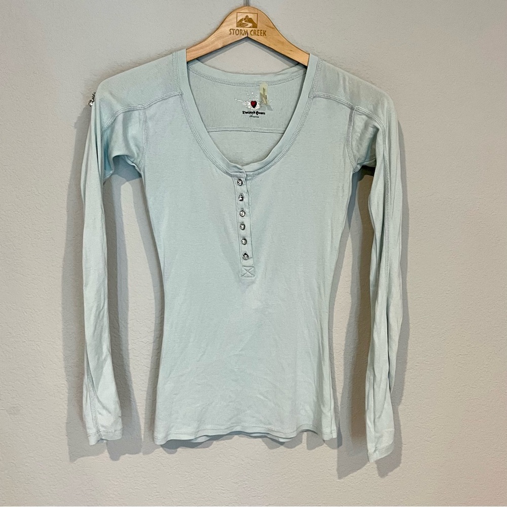 Twisted Heart Womans long sleeve thermal style shirt bling detail size Small